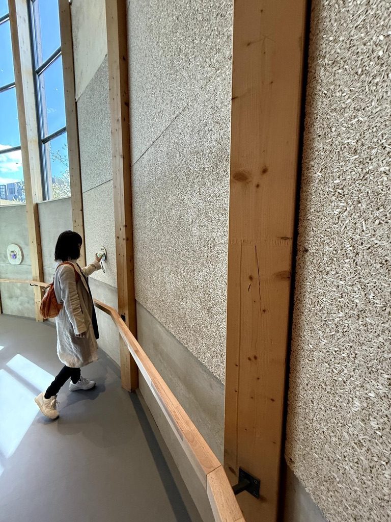 Tall wall of exposed hemp board panels between timber posts, with a visitor touching the wall